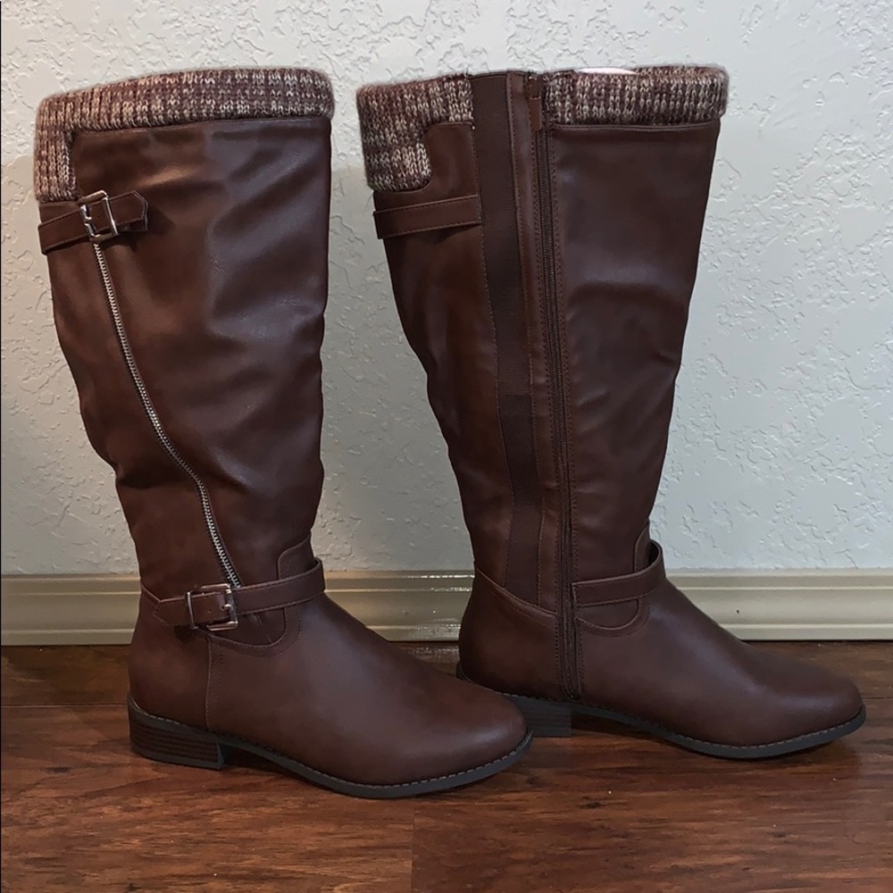 Brown knit trimmed knee boots